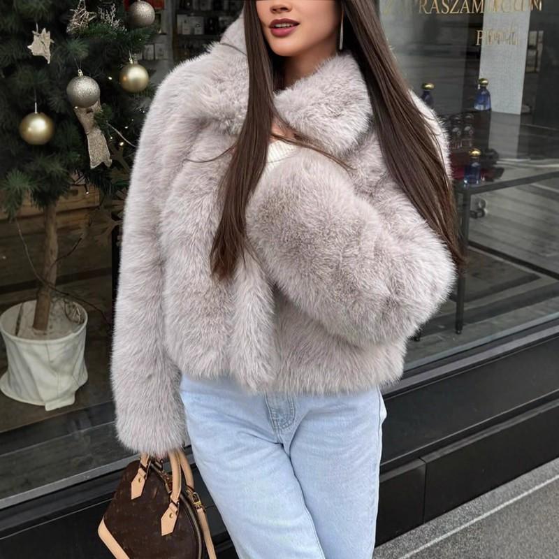 Womens Winter Faux Fur Short Coat Stand Collar Long Sleeve Pockets Casual Streetwear