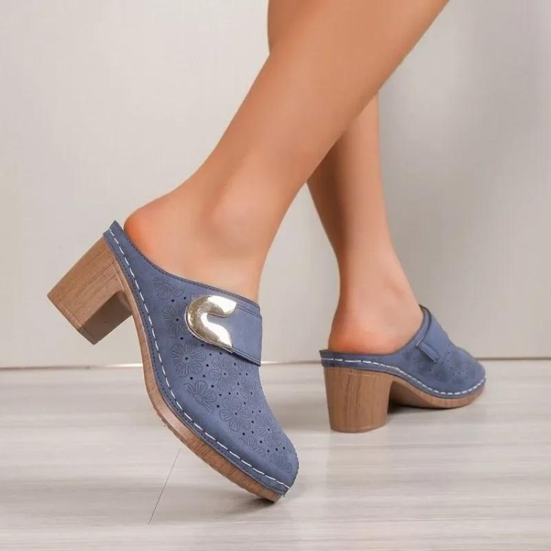 2024 Обувь Женские закрытые носки женские тапочки для улицы Офисные и карьерные тапочки женские Римские толстые каблуки Большие размеры Современные сандалии