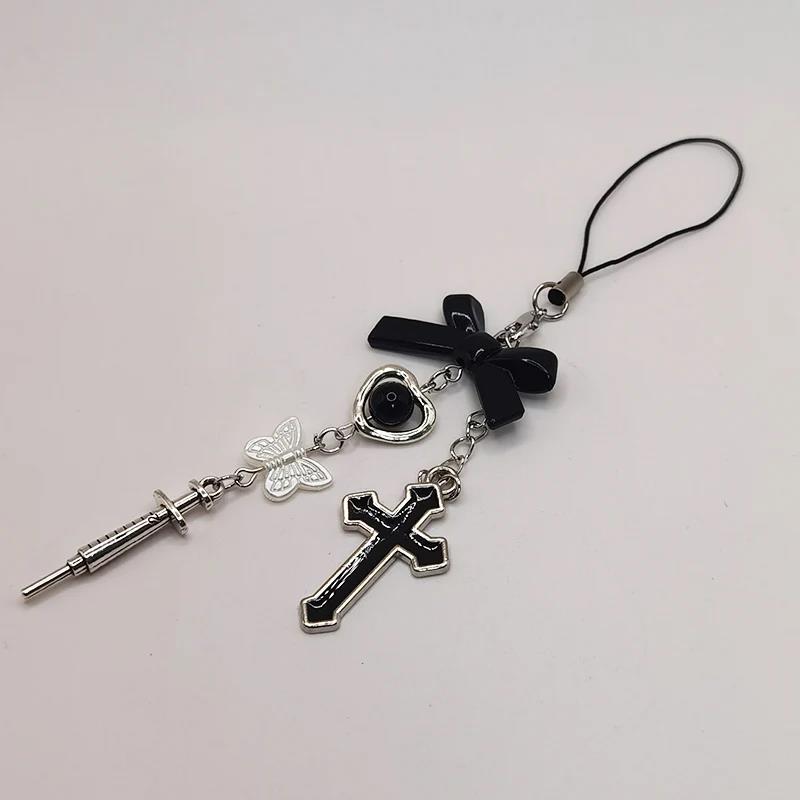 Black Punk Y2K Phone Pendant Chain Cool Girl Sweet Pink Beaded Charm With Cross Butterfly Love Accessories For iPhone Camera Bag 1
