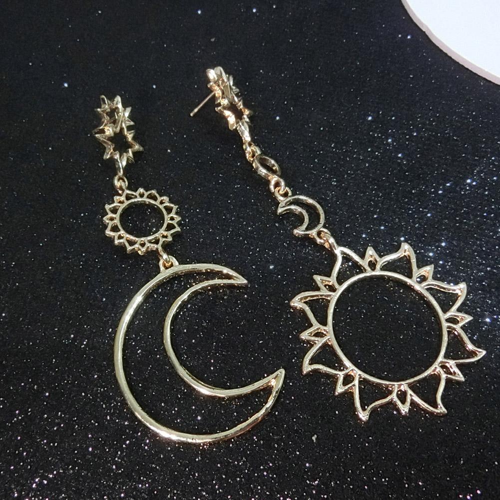 Women Stylish Sun Moon Asymmetric Earrings Simple Long Tassel Earrings