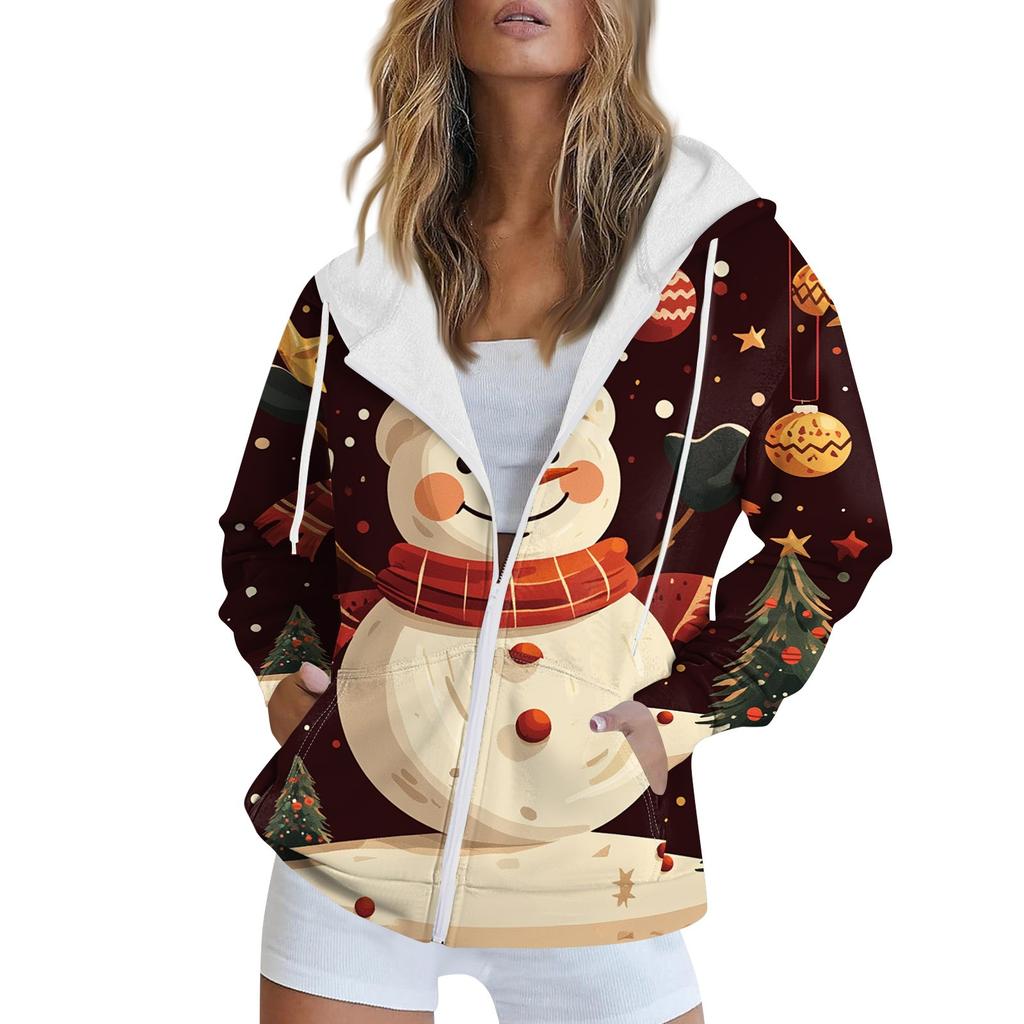 Женская рождественская печатная толстовка осень-зима с длинным рукавом кардиган куртка с карманами на молнии толстовка с капюшоном верхняя одежда