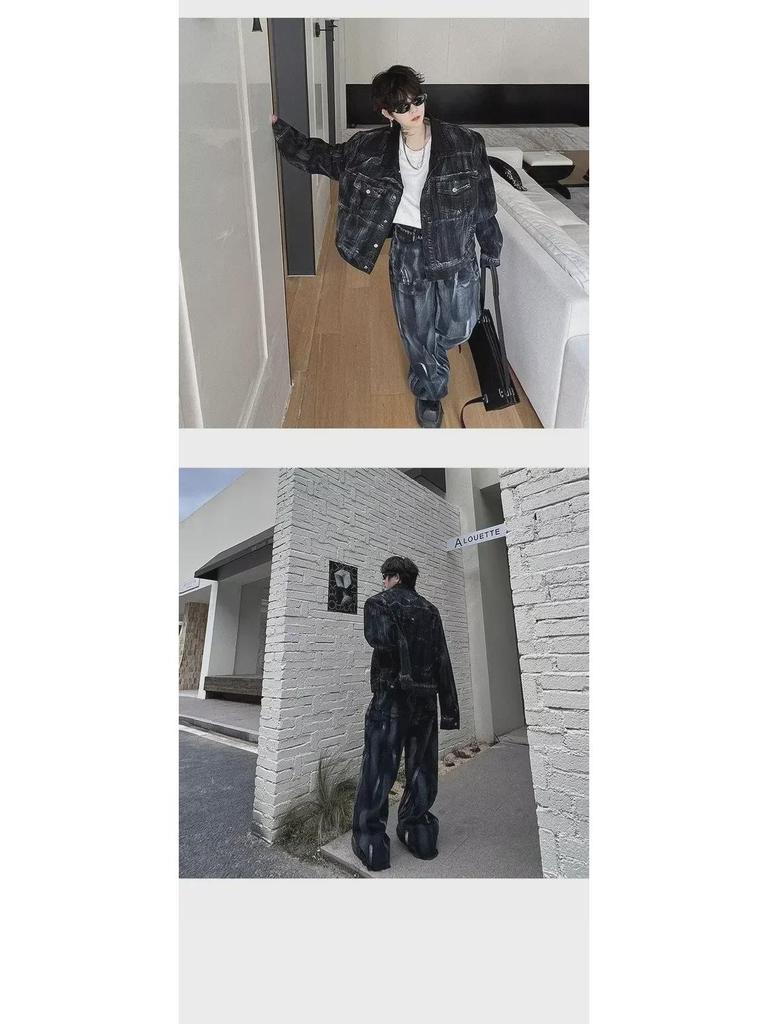 Men's Retro Washed Denim Ink Suit - Trendy Two-Piece Jacket & Trousers Set