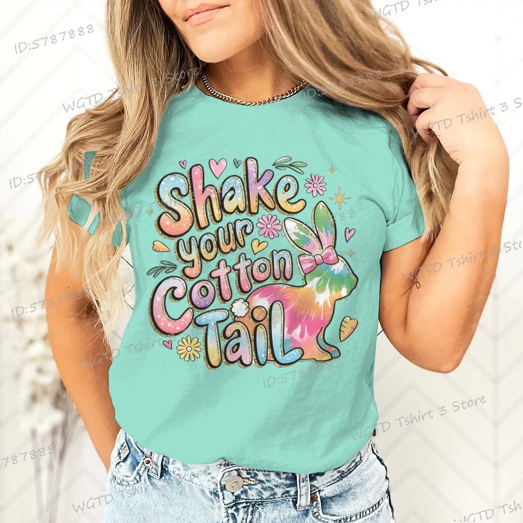 Shake Your Cotton Tail Graphic T Shirts Women Glitter Easter Bunny Short Sleeve Tshirt Happy Easter Gift Colorful Casual Tops