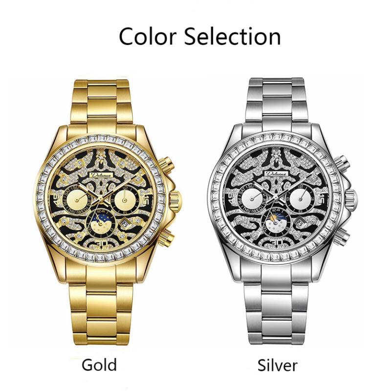 Dulunwe Мужские золотые роскошные часы с бриллиантами Tiger Texture Moon Phase механические автоматические часы ретро татуировка циферблат наручные часы из нержавеющей стали