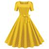 Retro Women's Square Neck Short Sleeve Polka Dot Print Lace Up Waist Big Swing Dress