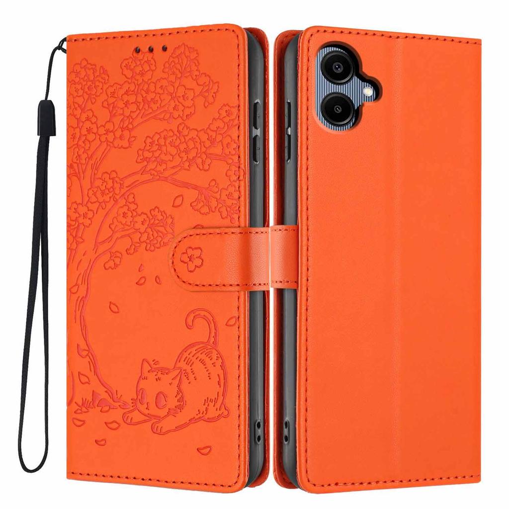For Samsung Galaxy A06 4G Stand Case Tree-and-Cat Pattern PU Leather Wallet Protective Phone Cover with Wrist Strap