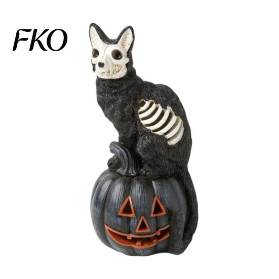 Outdoor Small Landscaping Ornament Halloween Skull Black Cat Pumpkin Figurine, Gothic Statue with Hollow Ribs, Resin Carved Decoration
