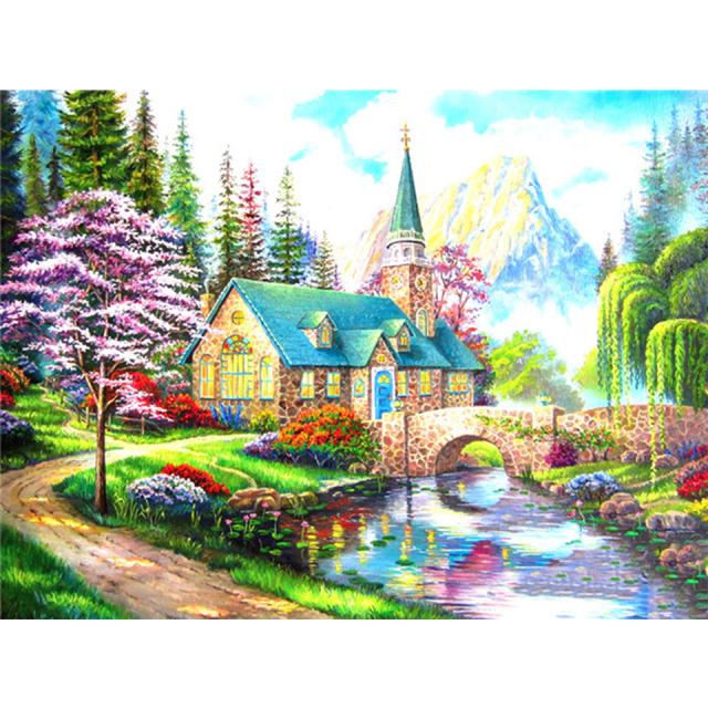 5D DIY Diamond Painting Landscape Full Round House Diamond Embroidery Rhinestone Art Picture Mosaic Home Decoration Gift
