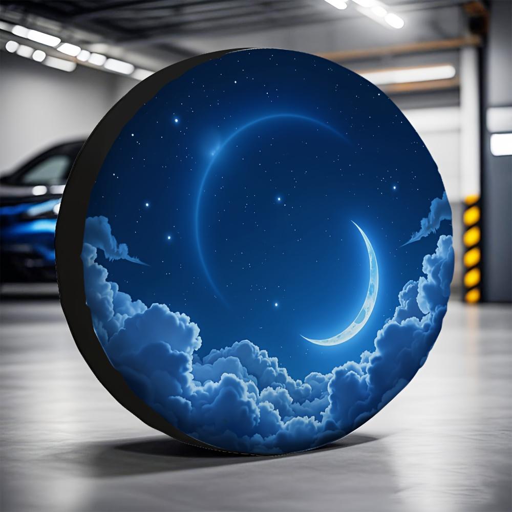 1 Universal 2D Flat-printed Tire Cover Featuring A Night Sky With Clouds And A Moon, Made Of Polyester Fabric. Suitable As An RV