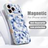 Магнитный Чехол Для Magsafe Для iPhone 17 Pro Max Синий Цветочный Узор Розы Покрытие с Ощущением Кожи Для iPhone 16 15 14 13 Pro Max