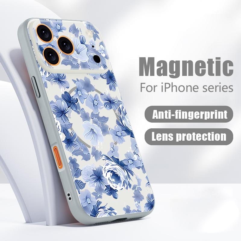 Магнитный Чехол Для Magsafe Для iPhone 17 Pro Max Синий Цветочный Узор Розы Покрытие с Ощущением Кожи Для iPhone 16 15 14 13 Pro Max