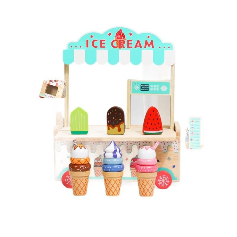 Ice Simulation Wooden Cream Cart Children Role Playing Toy Set For Imagine Play