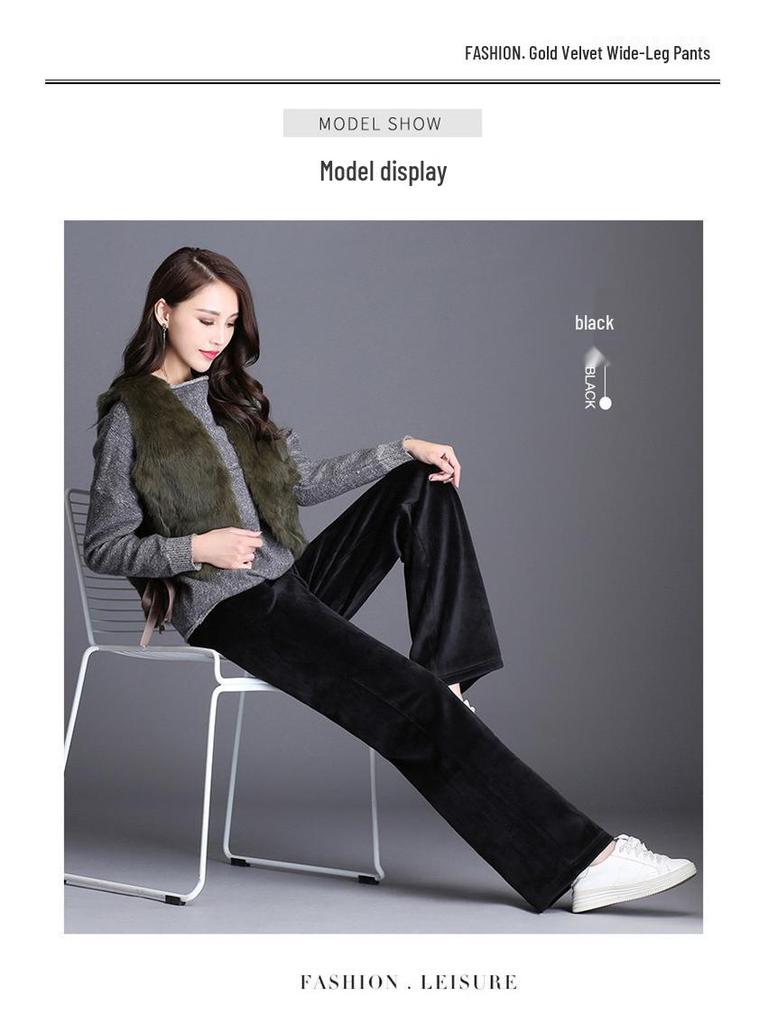 2023 Женские брюки больших размеров с высокой талией и широкими штанинами из золотого бархата на флисовой подкладке - Коллекция Осень/Зима