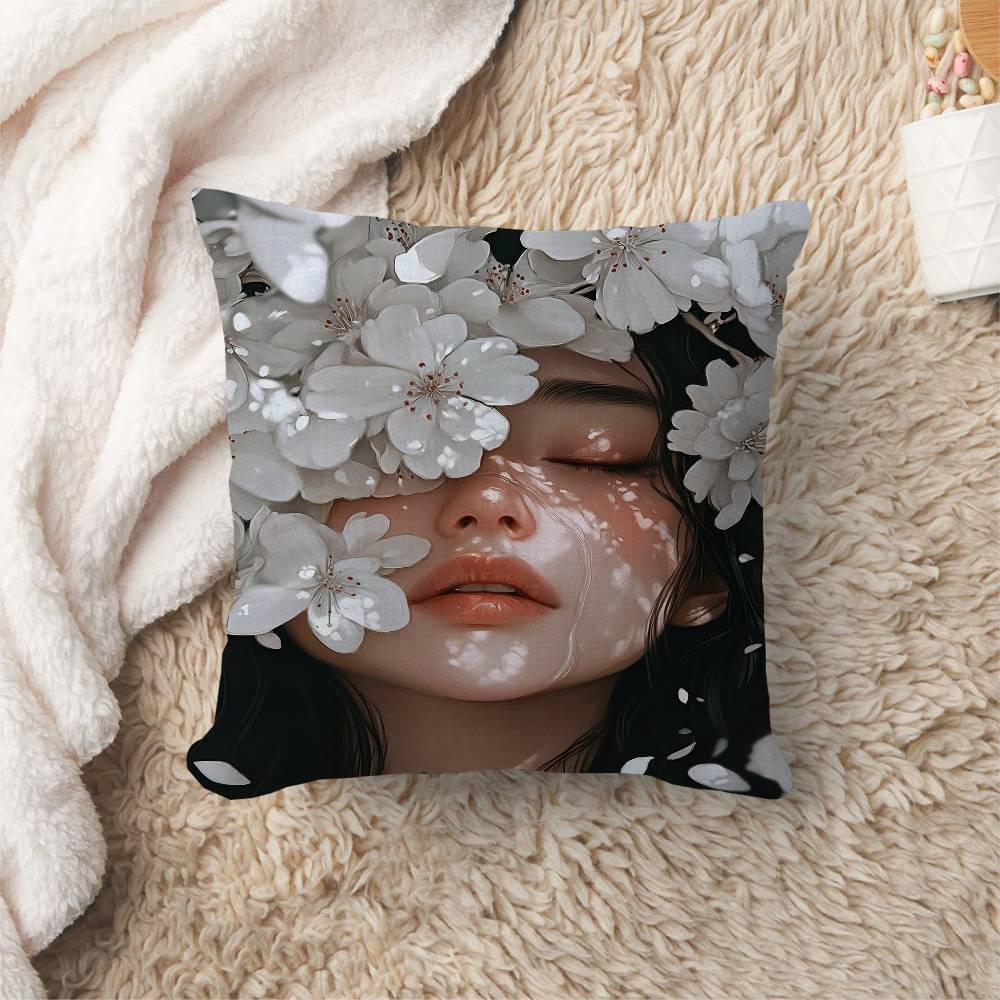 Abstract Flowers Girl Pillow Cushion Cover Pillowcase Living Room Sofa Home Decor Customized