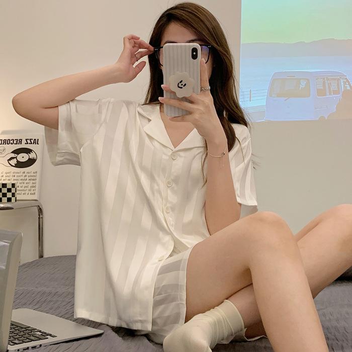 Summer Women's Ice Silk Ins Korean Vertical Stripes Simple Pajamas Homewear Set Girls Short-Sleeved Shorts Loose Suit