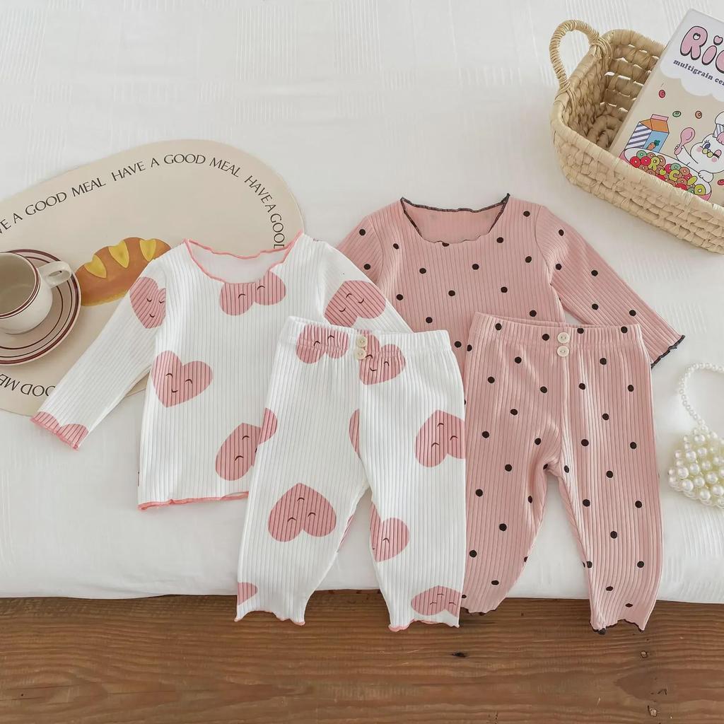 2024 Baby Girl Long Sleeve Love Dot Two-Piece Set with Ruffled Edges