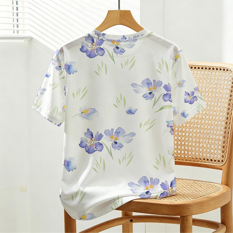 Women’s Watercolor Floral T-Shirt - Soft Skin-Friendly Loose Fit, Light & Fresh, Perfect for Daily Casual, Weekend Getaways