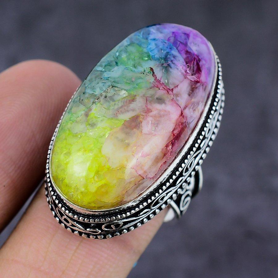 Rainbow Solar Quartz Gemstone Handmade 925 Sterling Silver Ring Size 10 F3n03