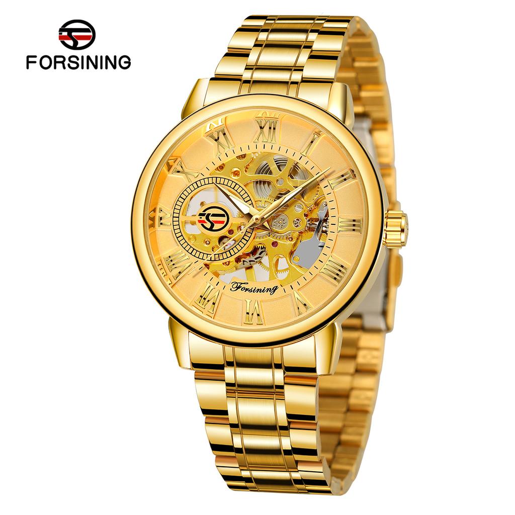 Forsining Часы Мужские модные повседневные золотые часы со стальным ремешком скелетонизированные механические часы