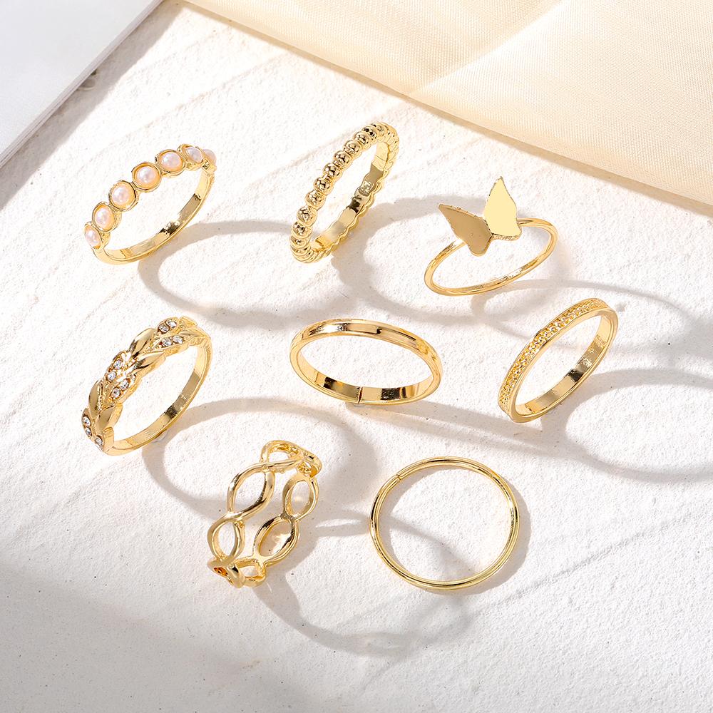 Нежное кольцо с бабочкой, жемчужное кольцо с бриллиантом, гламурное, элегантное, вечернее, роскошное, женское, в европейском стиле, комплект колец, кольцо из 8 предметов