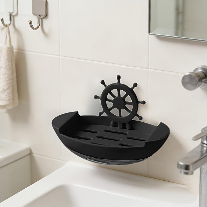 Boat Shaped Soap Dish Wall Mounted No Drill Draining Soap Tray Bathroom Storage Box