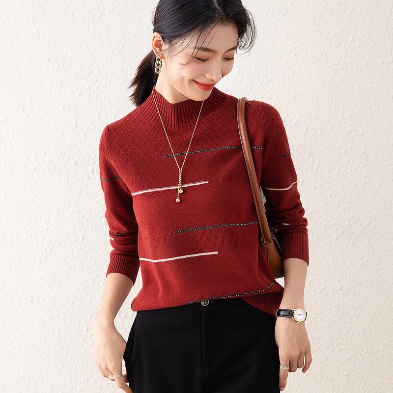 TUHUANG Women's Pure Wool Semi-High Collar Contrast Sweater