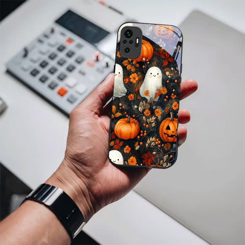 Чехол из черного стекла с рисунком тыквы-призрака на Хэллоуин для Redmi Note 14 Pro+ 13 Pro 8 9S 12S 10 Pro 11 13C 14C 12 13 8T A3 Черная крышка