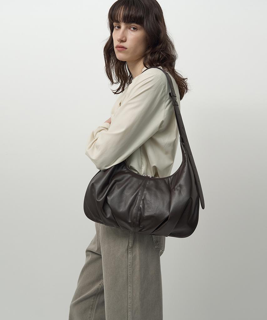 Rough Side White Label Dumpling Leather Bag Dark Brown