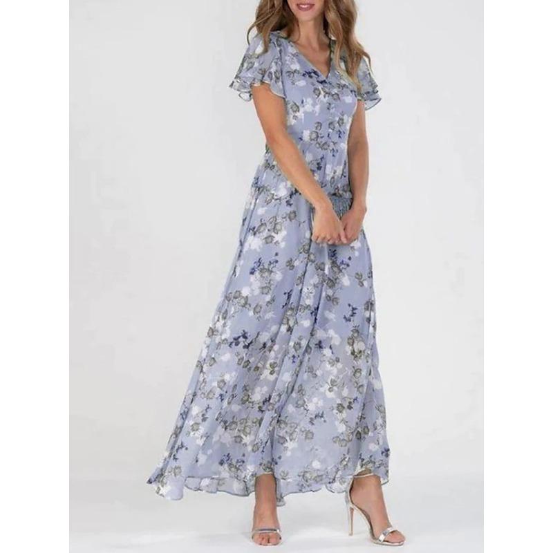 Women's Floral Print V-Neck High Waist Casual Dress for Summer and Spring