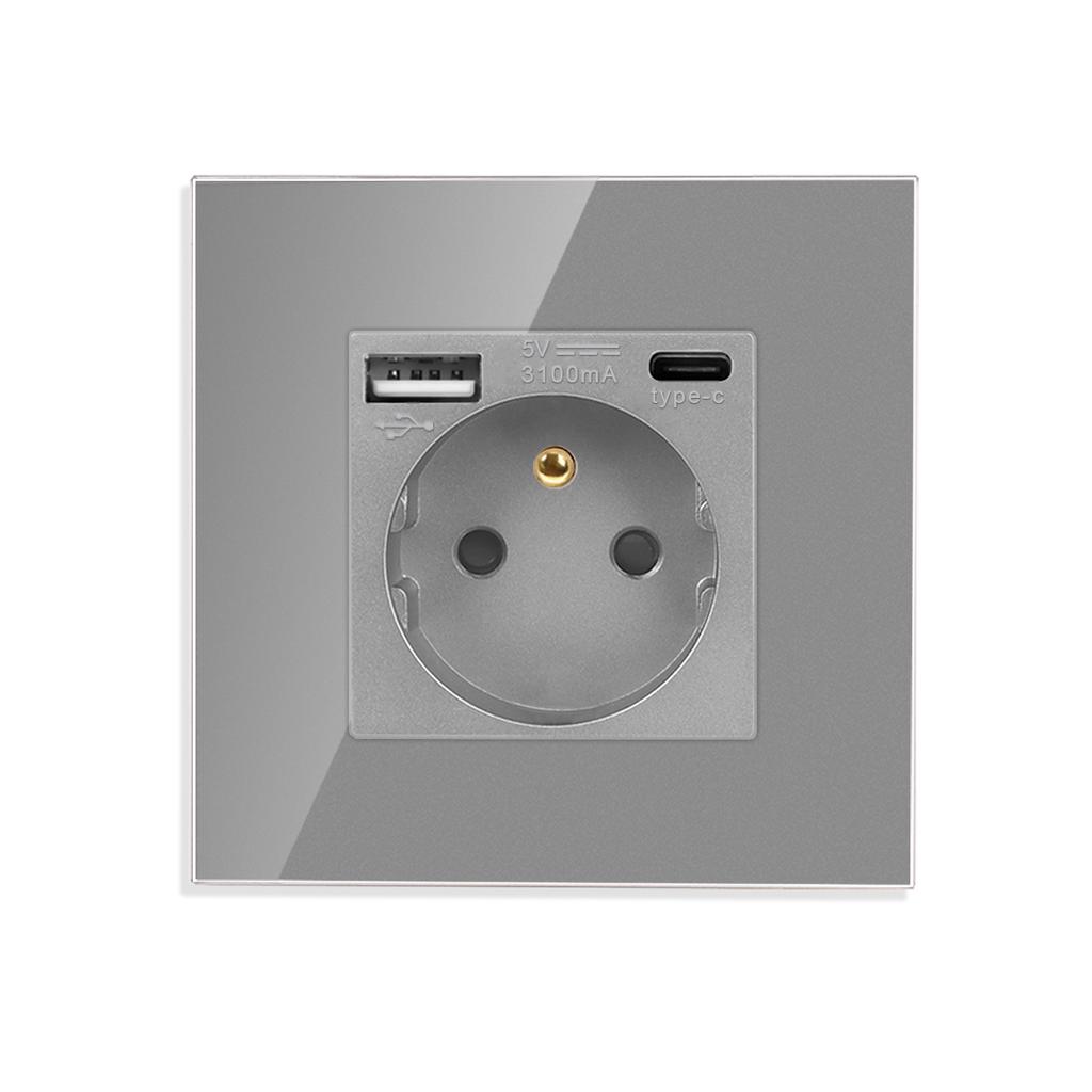 Французская розетка с USB для дома, двойная USB-вилка, 5 В, 3.1a, стеклянная панель, 86*86 мм, настенная USB-розетка, умные светодиодные розетки 16a с включением/выключением