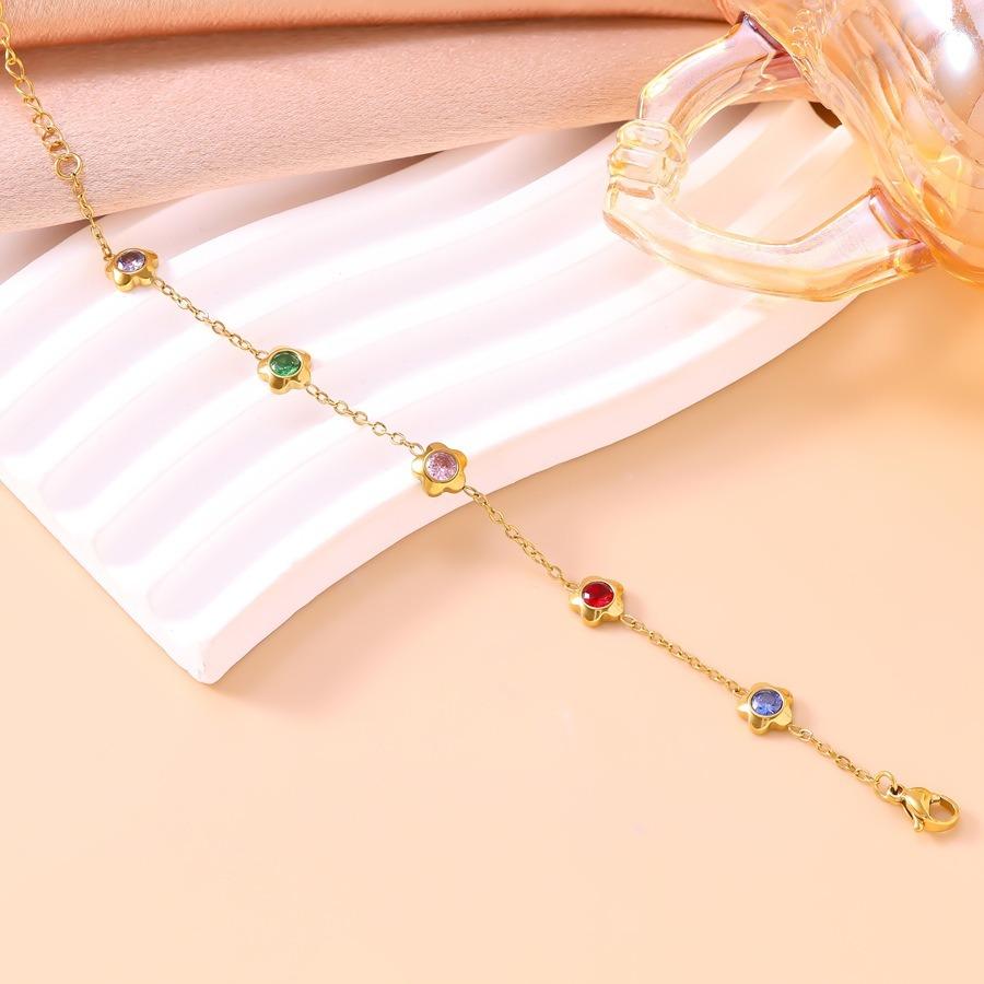 New Arrival Trendy Flower Design Zircon Colorful Gemstone Gold Plated Stainless Steel Bracelet for Women
