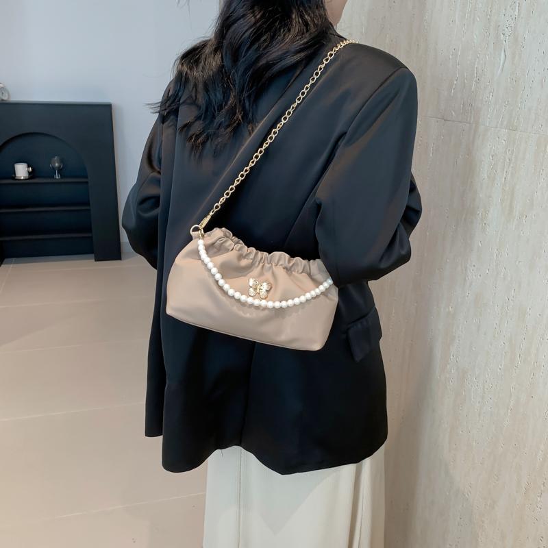 Женская сумка-бабочка из искусственной кожи, плиссированная сумка-тоут с жемчугом и цепочкой, элегантная сумка, большая вместительная однотонная сумка для вечеринки и отдыха