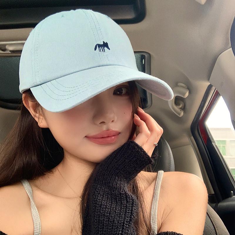 Sweet And Charming Light Blue Fox Embroidered Duckbill Hat For Spring Style