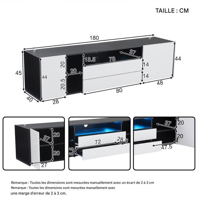Meuble TV laqué brillant, noir et blanc, avec éclairage LED, 2 tiroirs et 2 placards, meuble de salon, 180 x 40 x 45 cm