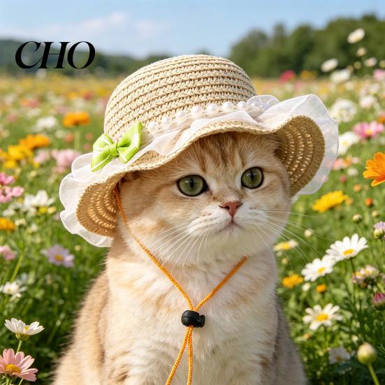 Straw Hat for Dogs Scalloped Pet Cute Lace Ruffled Cat Sun Sweet with Bow Summer Cats Small Outdoor Travel Camping