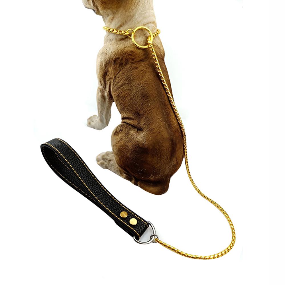 Интегрированный цепной ошейник-удавка для собак из нержавеющей стали 304, поводок для дрессировки домашних животных с кожаной ручкой