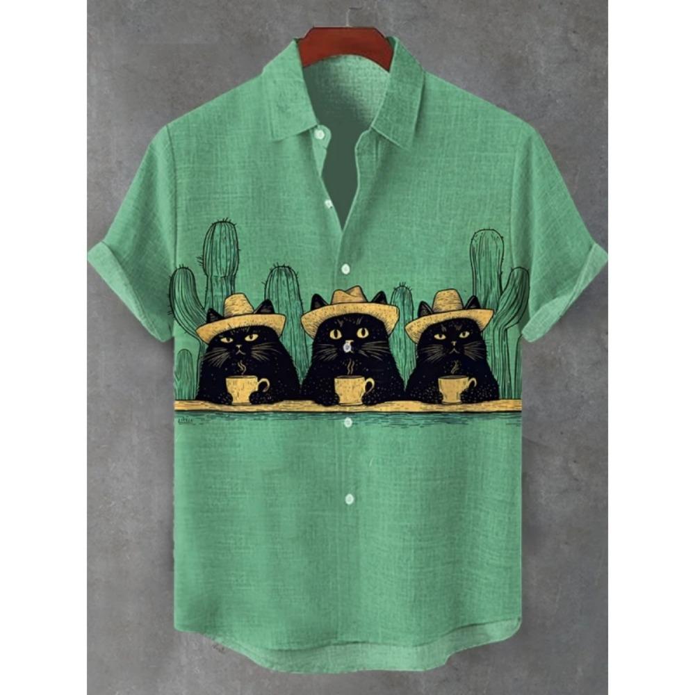 3D Printed Fun Cat Fish Hawaiian Shirt for Men Cute Animals Pattern Aloha Shirts Summer Short Sleeve Tops Street Casual Blouse