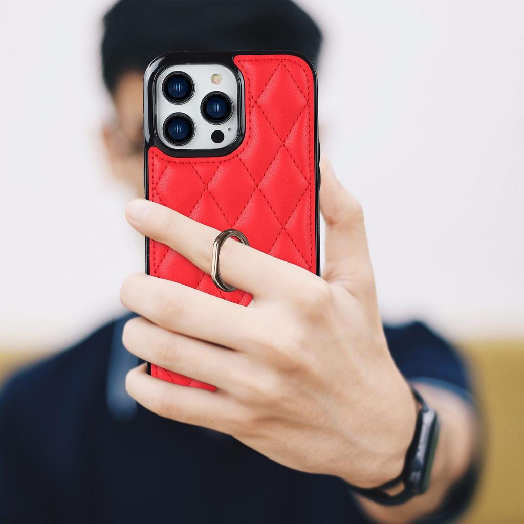 Suitable for iPhone14 mobile phone case 13Pro Xiaoxiangfeng ring bracket case 14plus Japanese and Korean rhombus leather pattern