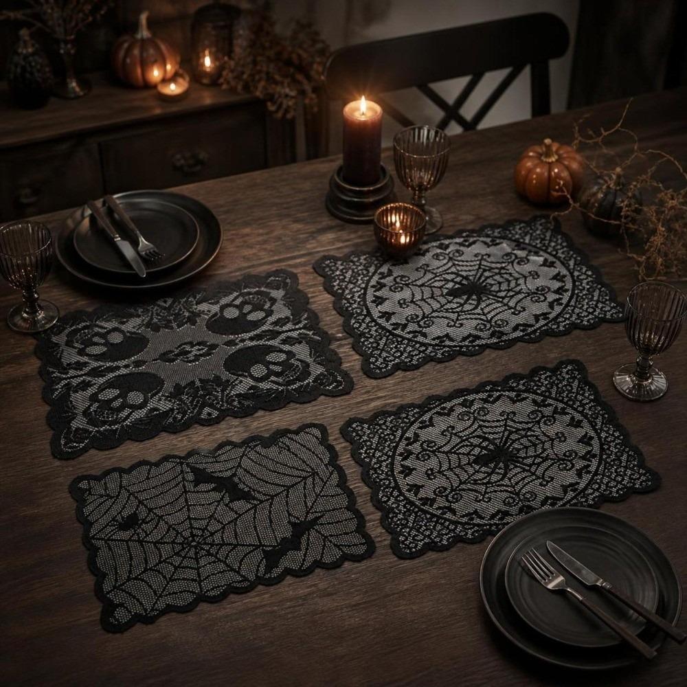 Spider Web Halloween Placemats Skeleton Bat Table Napkins Dark Lace Table Mat Table Decorations