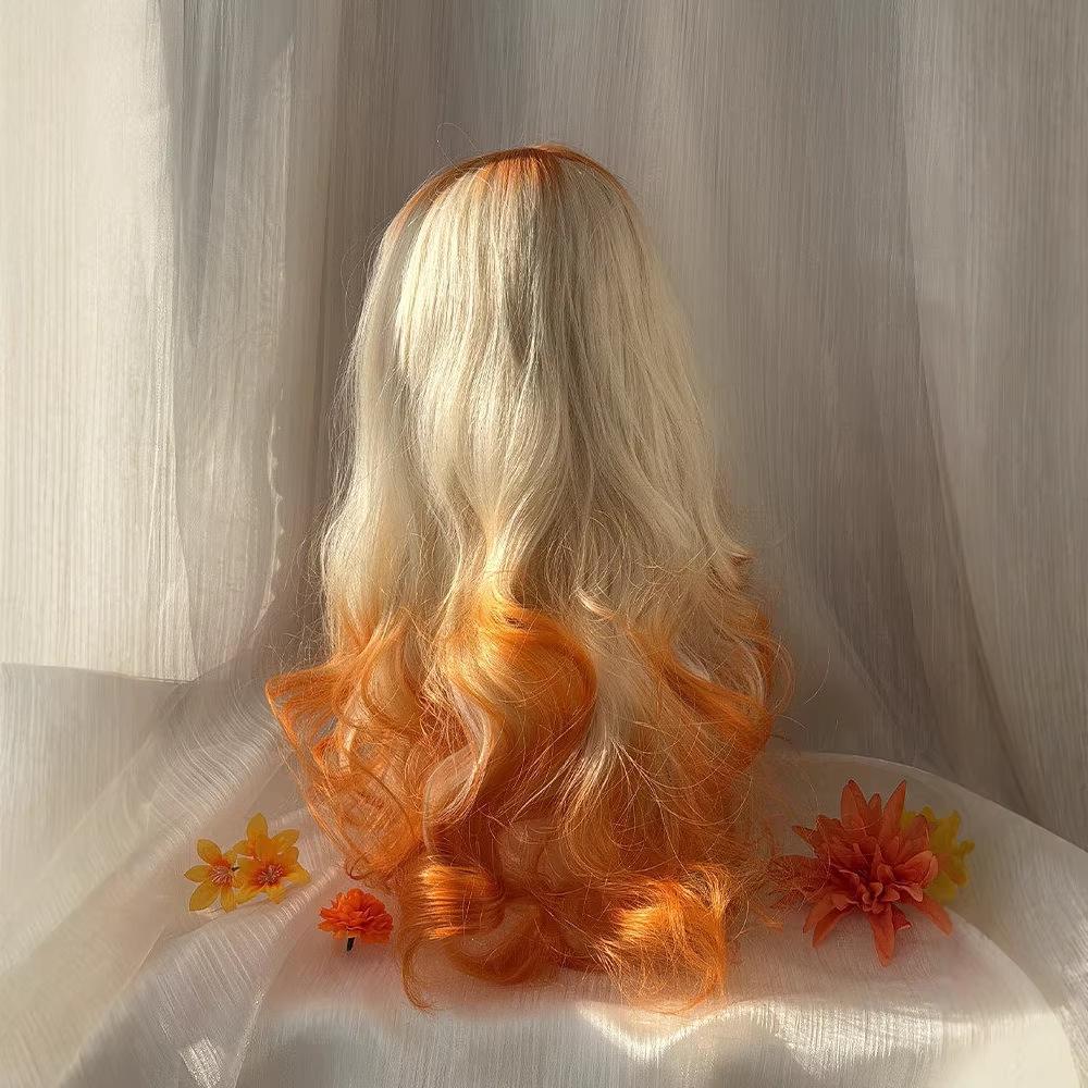 Autumn Sunset Wig, White to Orange Gradient Long Curly Wig,Wave Full Wig, Lolita Cosplay Costume Wig, Heat Resistant Synthetic Hair Wig for Women