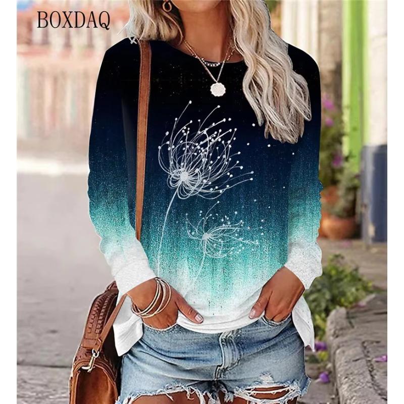 Футболки женские с рисунком одуванчика весна осень с длинным рукавом 3D Plant&Flowers Print Street Gradient женские футболки 6XL Plus Size