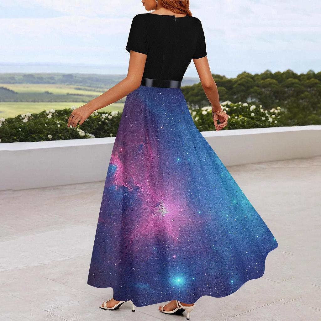 Платье-клеш в стиле ретро с принтом для женщин, повседневное, с коротким рукавом, круглым вырезом, винтажное платье