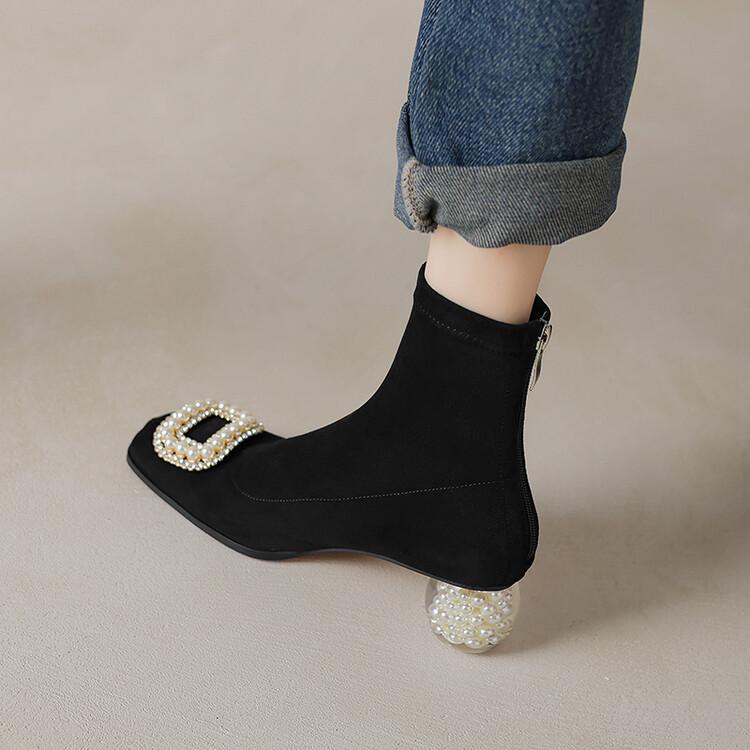 Модные новые осенне-зимние женские ботинки из искусственной кожи, короткие ботинки, модные жемчужные, с квадратным носком, эластичные ботинки для женщин, на высоком каблуке, женская обувь