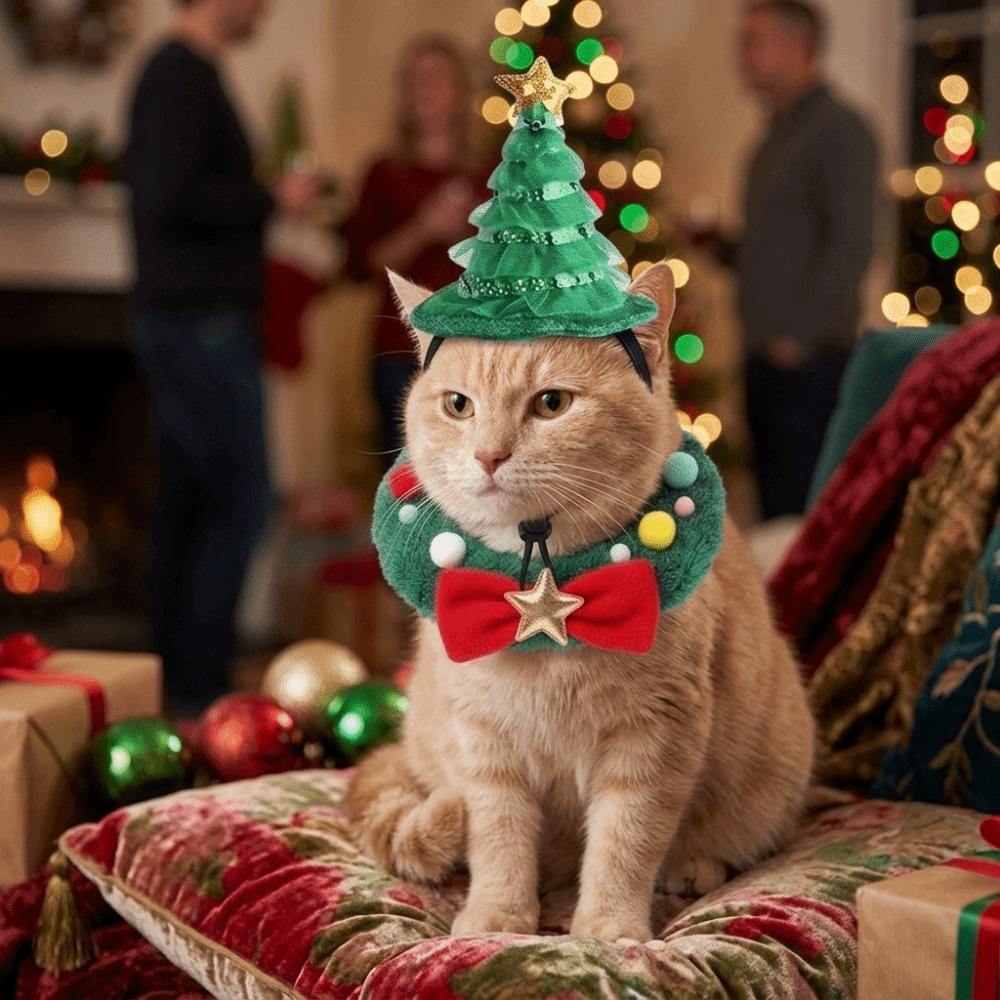 Adjustable Cat Dog Christmas Scarf Set with Star Bow Pet Xmas Wreath Collar Winter