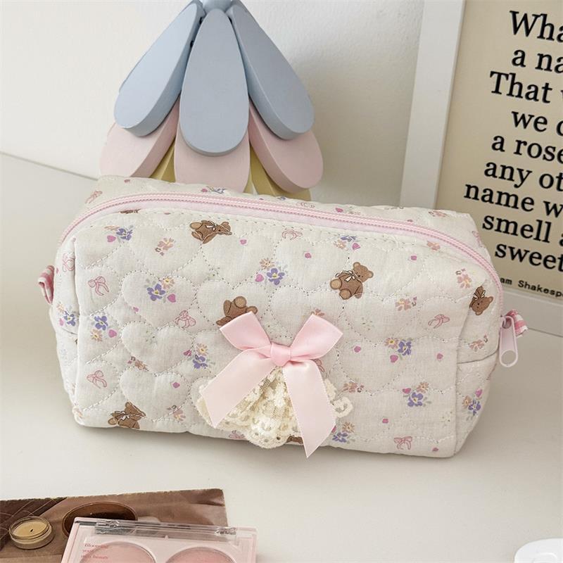 Милый медвежонок, сладкое сердце, бант, розовое кружево, косметичка, большая вместимость, портативная дорожная сумка для хранения, женский клатч, девчачьи косметички