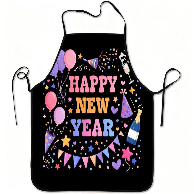 1pc Happy New Year Celebration Printed Apron, Durable And Easy to Clean, Adjustable Waistband, Polyester Material, Suitable for Kitchen Cooking, Garde