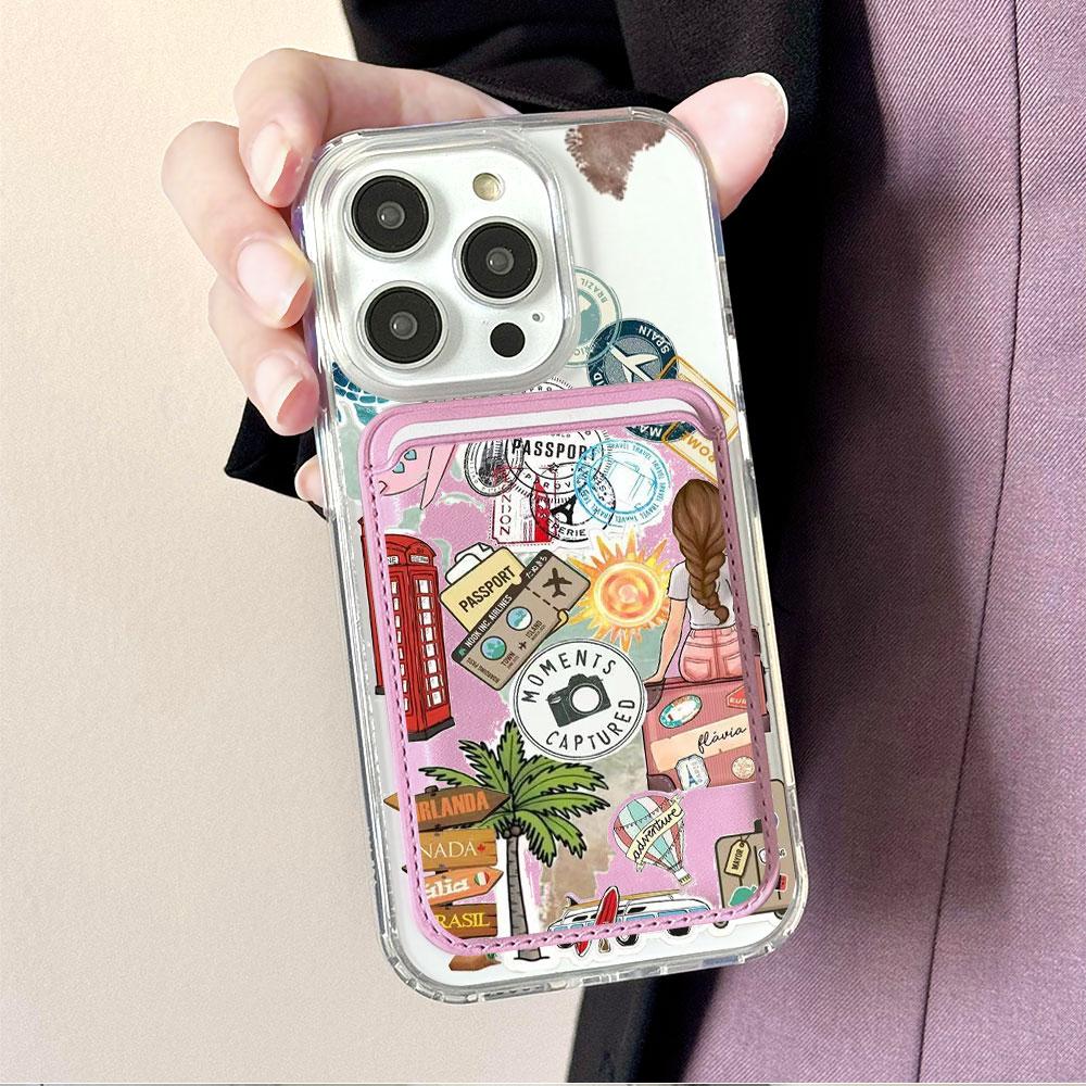 Fashion Tourism Label For Magsafe wallet Magnetic Card holder Phone Case For iPhone 16 13 16 15 12 14 17 Pro Max 16E Plus Cover