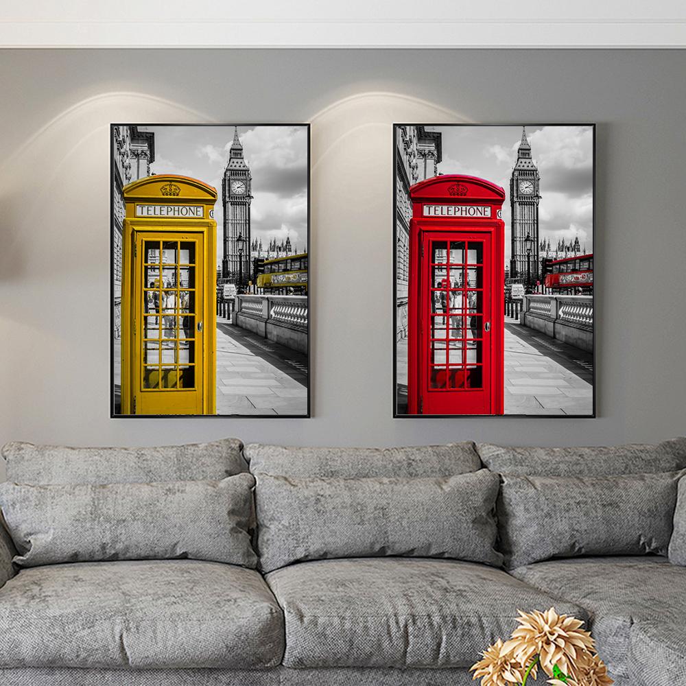 3 предмета Life Wall Art Лондон Красная телефонная будка Автобусный зонтик Печать на холсте Черно-белые фотографии города для дома Современное украшение Декор для гостиной 3 шт.
