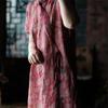 Johnature Summer Woman Vintage Style Linen Print Disc Buckle Dress V-Neck Chinese Style Short Sleeves Casual Dress