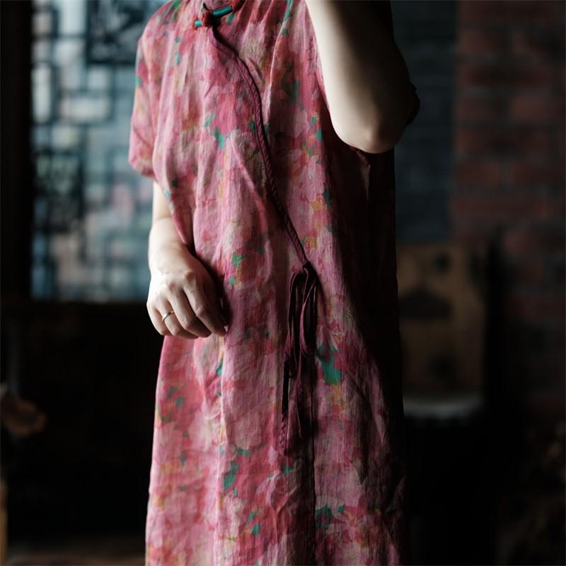 Johnature Summer Woman Vintage Style Linen Print Disc Buckle Dress V-Neck Chinese Style Short Sleeves Casual Dress